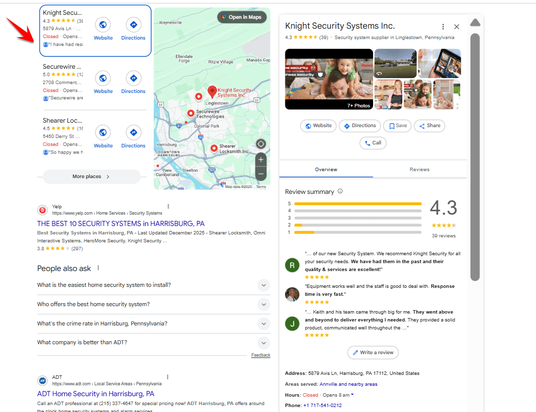 An example of a well-optimized Google Business Profile for a home security company