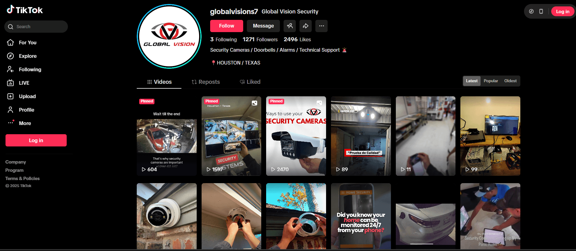 An example of a home security company with a number of TikTok videos
