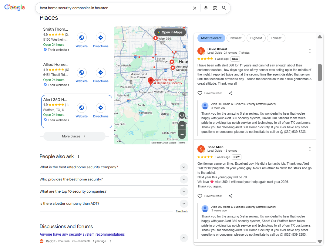 An example of a well-managed home security company's Google reviews