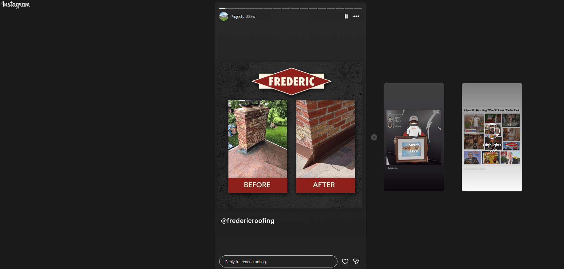 Screenshot of a roofing compny's Instagram Highlights showing the before and after of a project.