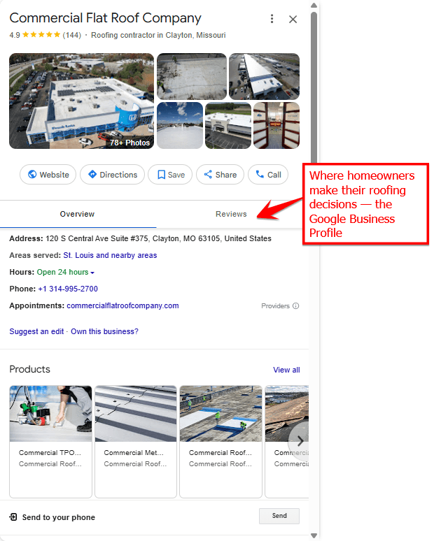 Screenshot of a roofing company's GBP showing it as the section that users refer to before making a decision.