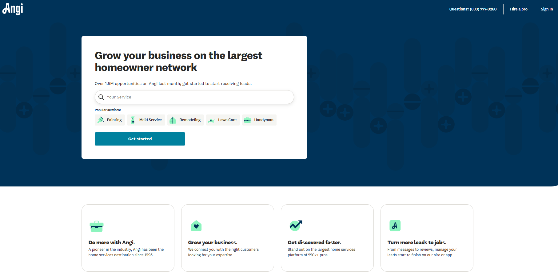 Angi homepage showing contractor listings and homeowner project categories
