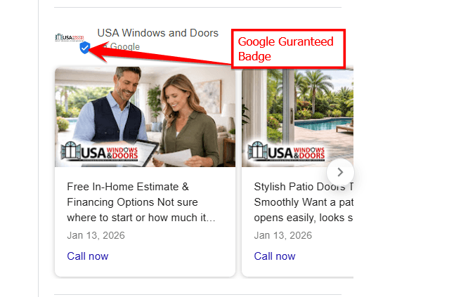 An example of a local windows and doors company with a Google Guranteed Badge