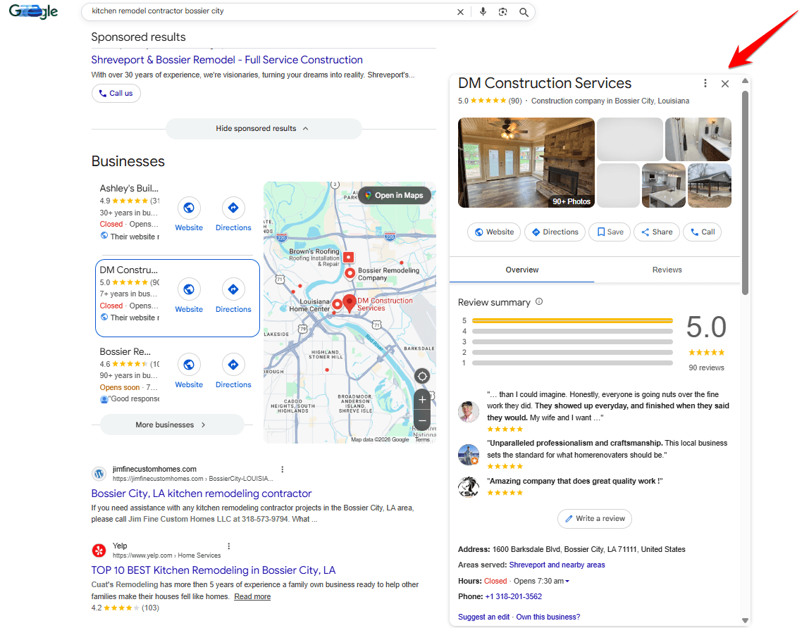 Google Business Profile listing for a kitchen remodeling contractor in Bossier City
