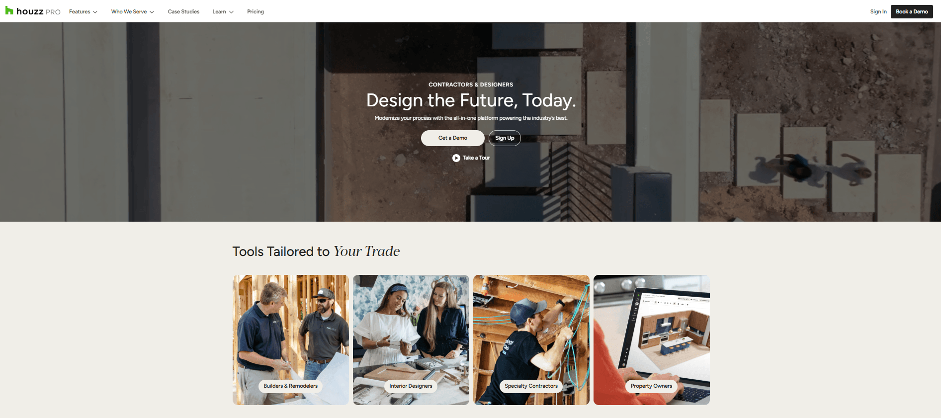 Houzz Pro homepage highlighting contractor portfolios and design-focused projects