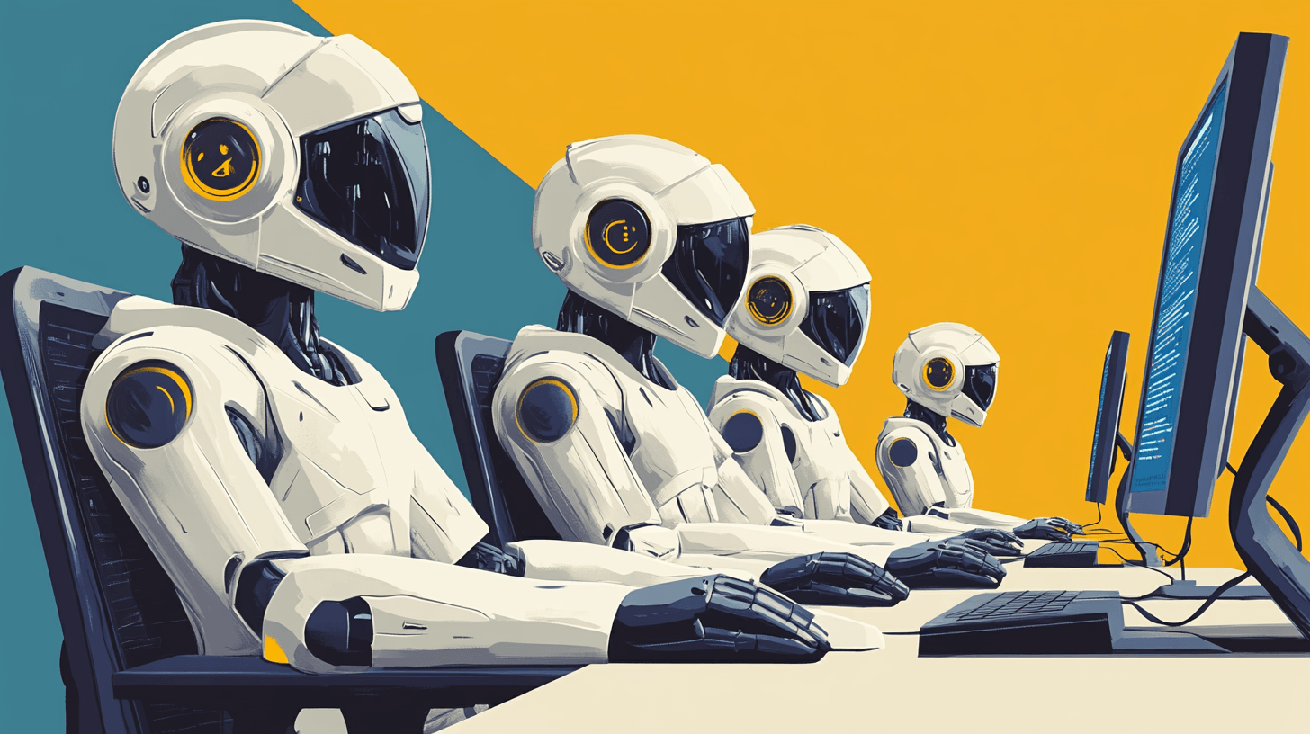 robots sitting at computer staring at screen