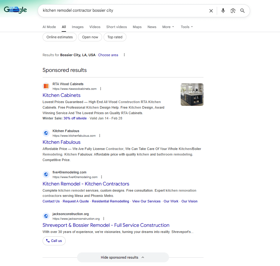 Google sponsored search results for kitchen remodelers in Bossier City