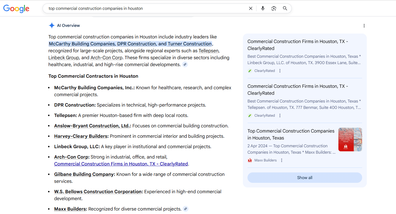 AI-driven search results showing a list of top commercial construction companies in Houston with business mentions and source links.