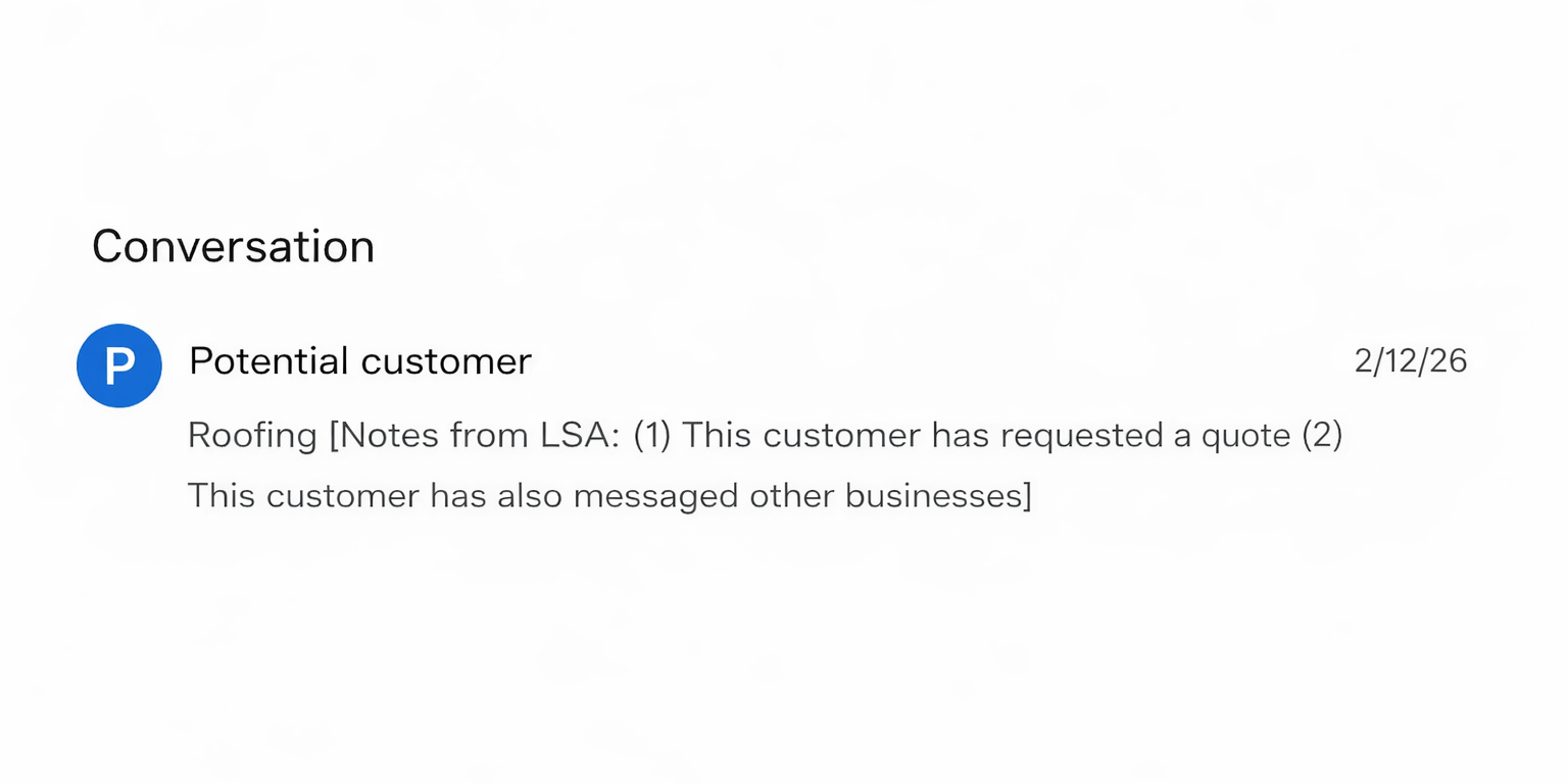Google LSA lead details showing notes that read "This customer has requested a quote" and "This customer has also messaged other businesses."