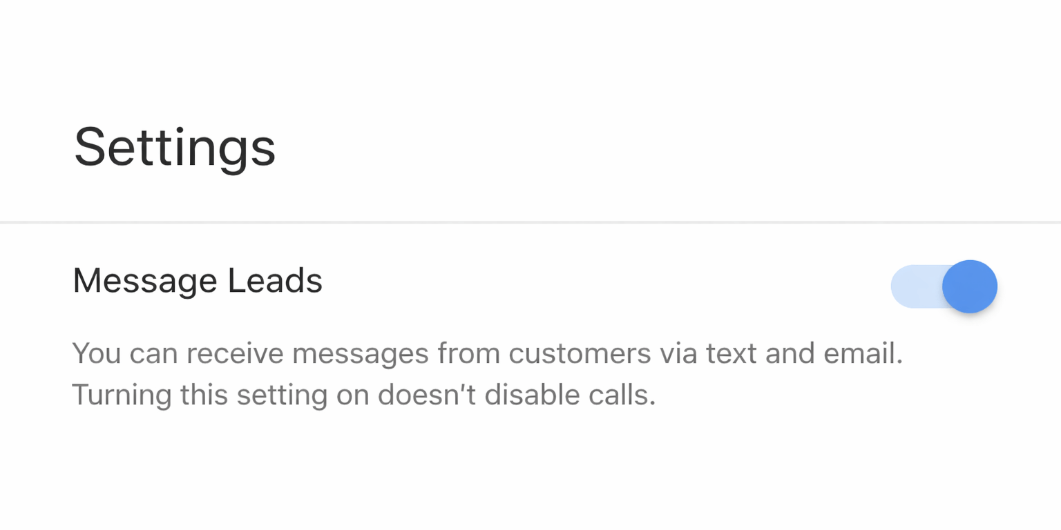 A screenshot of Google LSA settings page showing the Message Leads toggle switched on.