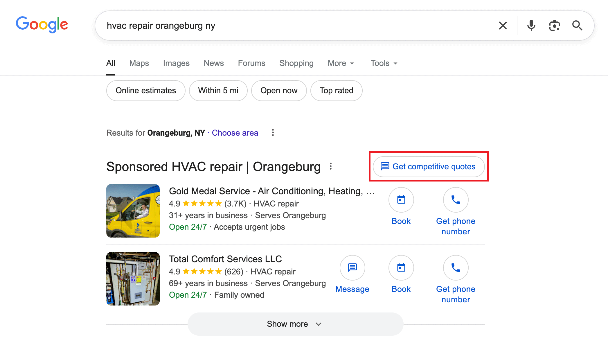 An example of Google LSA&rsquo;s search results with the "Get competitive quotes" button highlighted in the top right corner of the sponsored results.