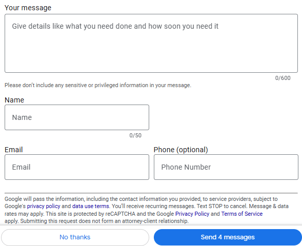 An image showing Google LSA&rsquo;s competitive quote form with a "Send 4 messages" button that delivers one inquiry to four businesses at once.