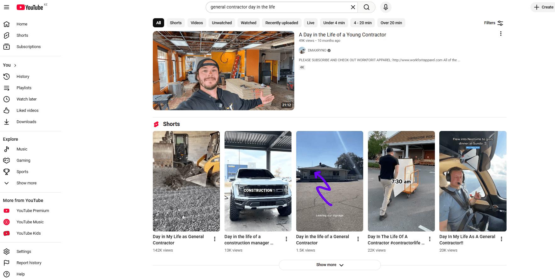YouTube search results for &ldquo;general contractor day in the life&rdquo; showing long-form videos and Shorts