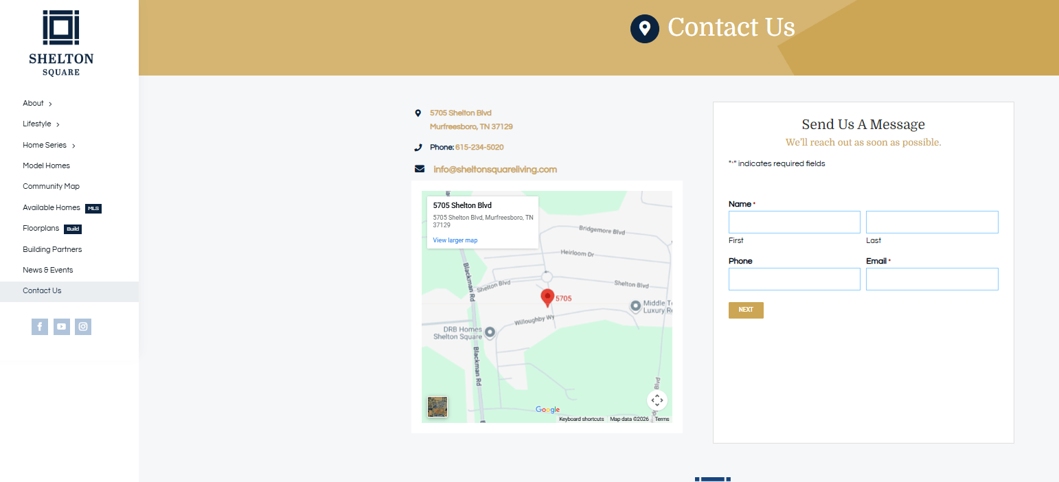 Construction company contact page featuring business contact details and an embedded map.