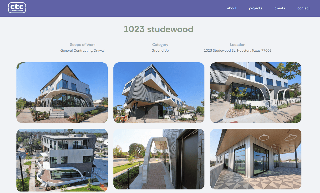 Project portfolio page showing a completed commercial construction project with photos, scope of work, category, and location details.
