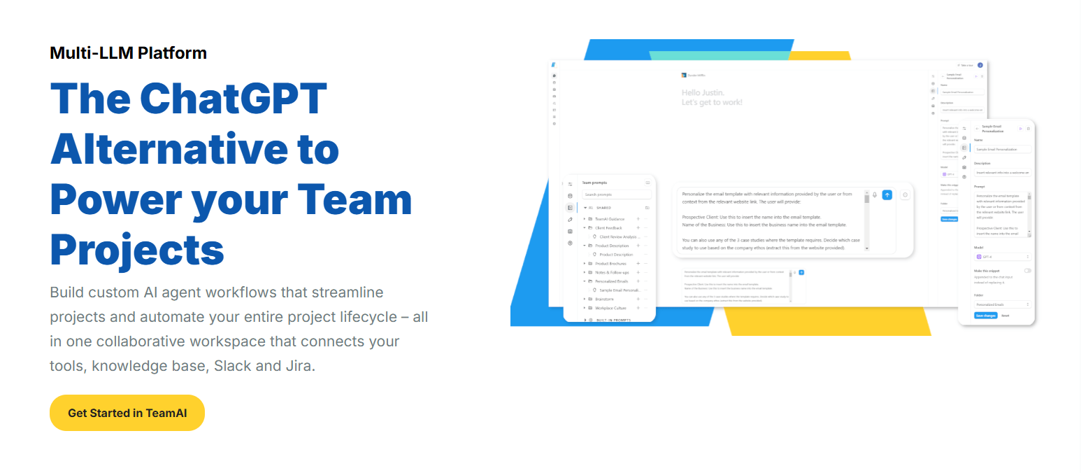 A screenshot of TeamAI's homepage and workspace interface showing shared prompts and team collaboration features.