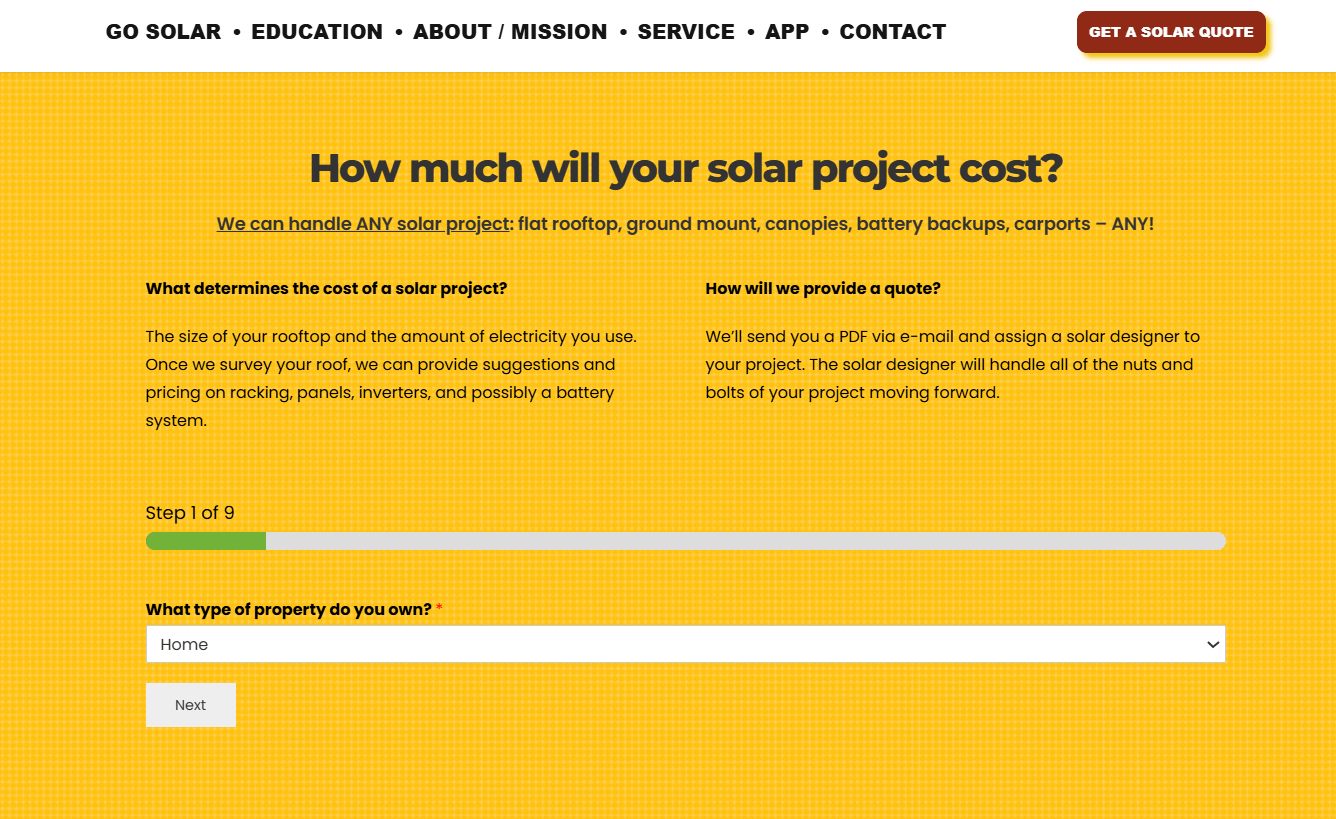 Interactive solar cost calculator capturing qualified homeowner inquiries through guided, multi-step forms.