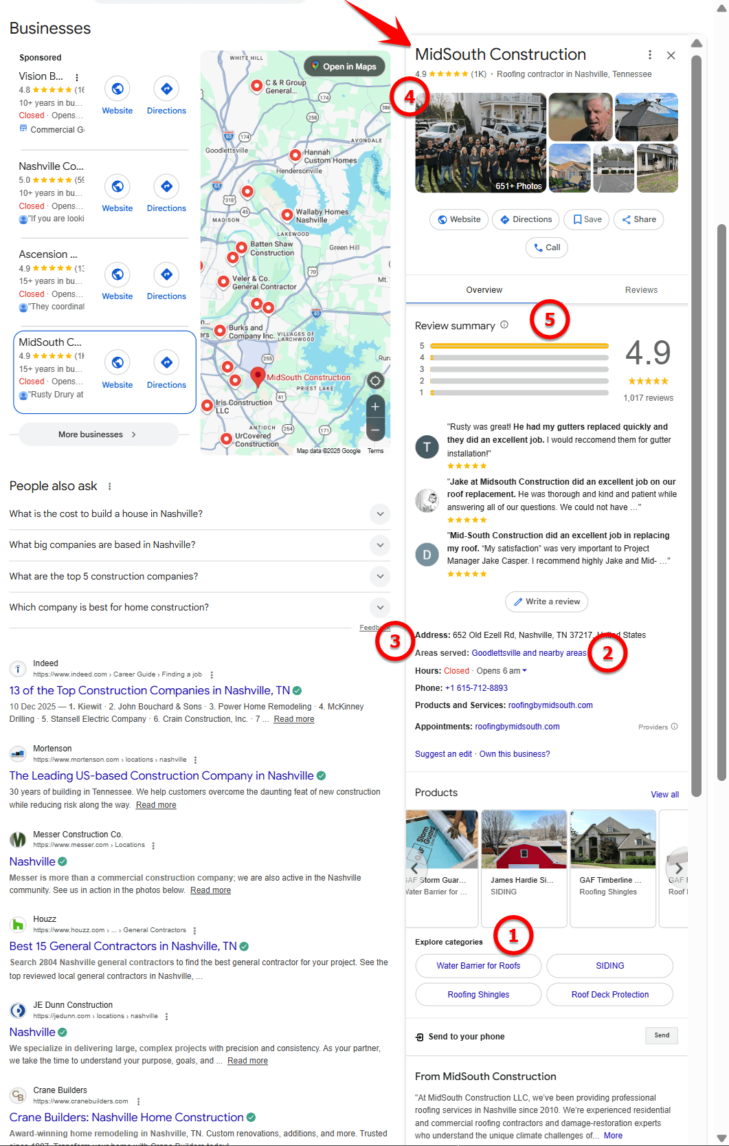 An optimized construction company GBP showing map visibility, service areas, reviews, photos, and business details.