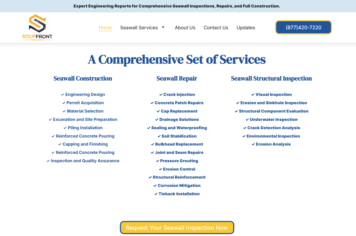 A construction services page listing multiple seawall construction, repair, and inspection services.