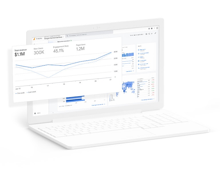An image of Google Analytics 4 dashboard displaying traffic metrics including total revenue, new users, and engagement rate, as shared by Google.