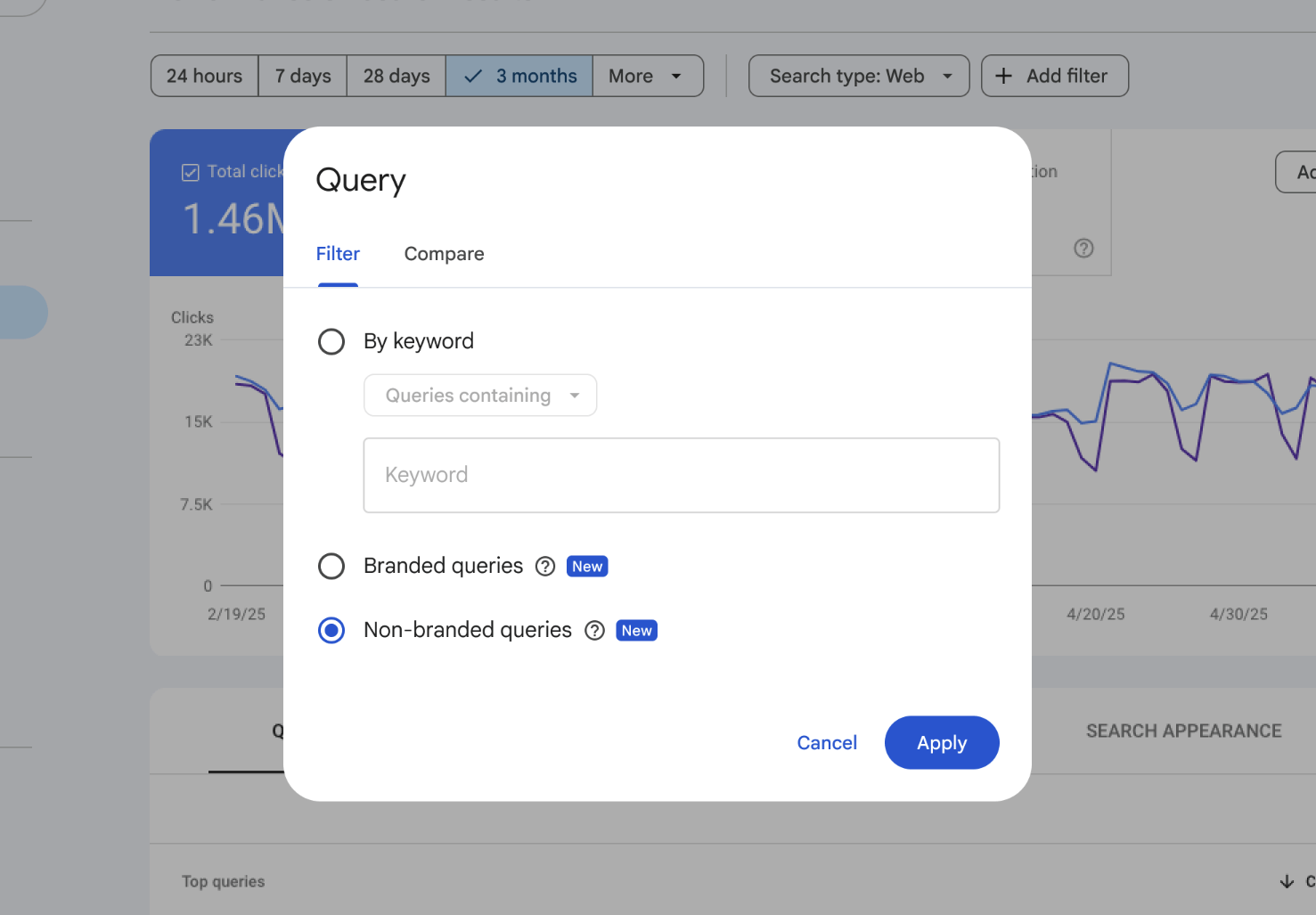 Google Search Console's new branded queries filter.