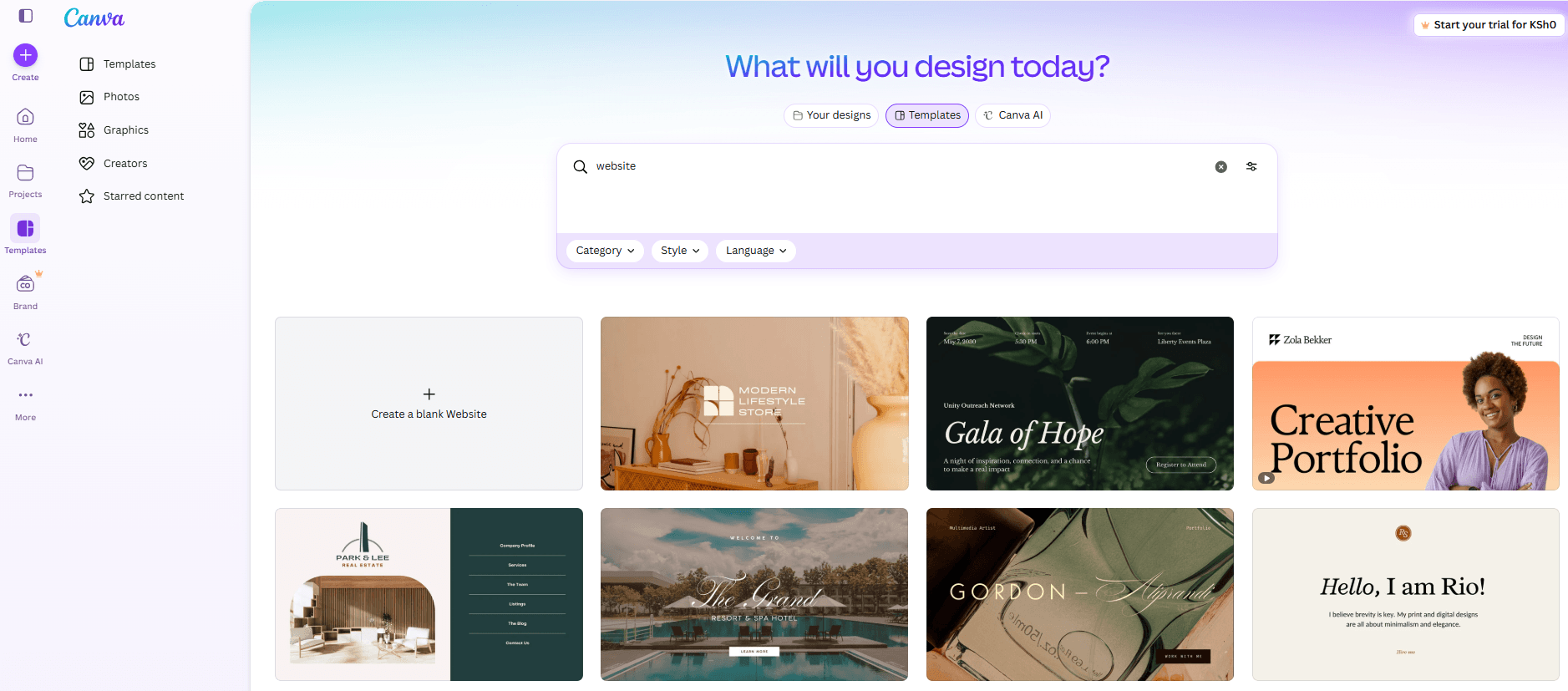 Canva website design dashboard showing website templates and Canva AI.