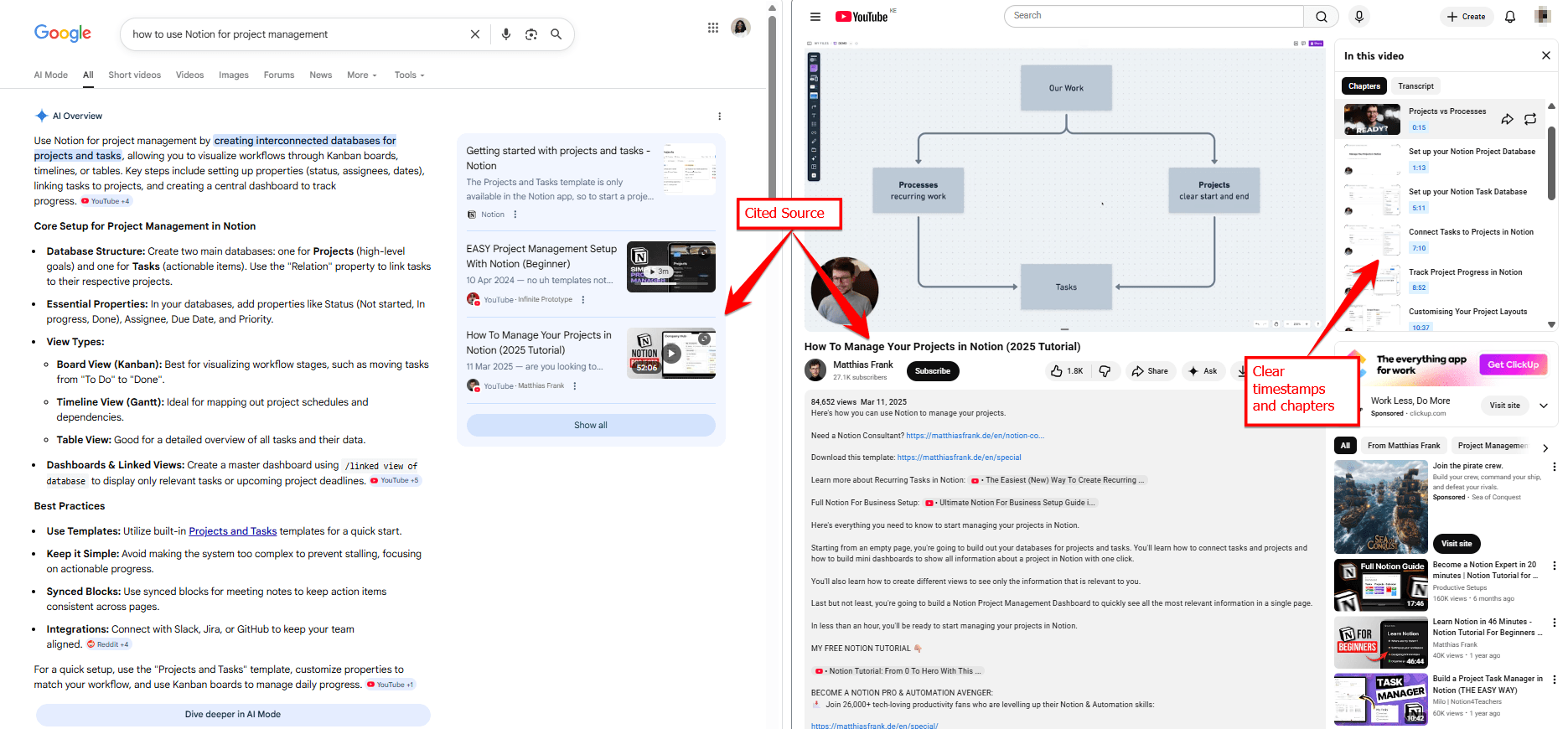 Example of a YouTube tutorial with clear chapter timestamps and structured sections, which helps AI search engines identify and cite specific moments from the video.