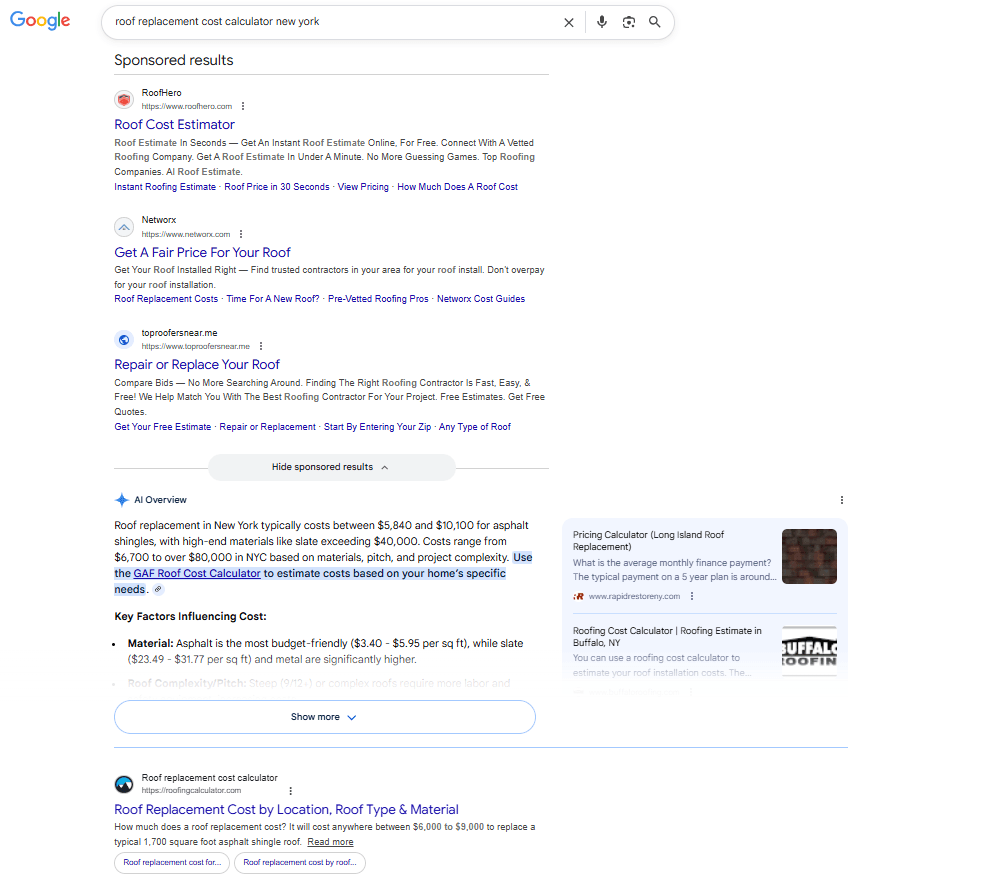 Google search results showing sponsored roofing ads above organic listings, AIO, and PAA for roof replacement cost