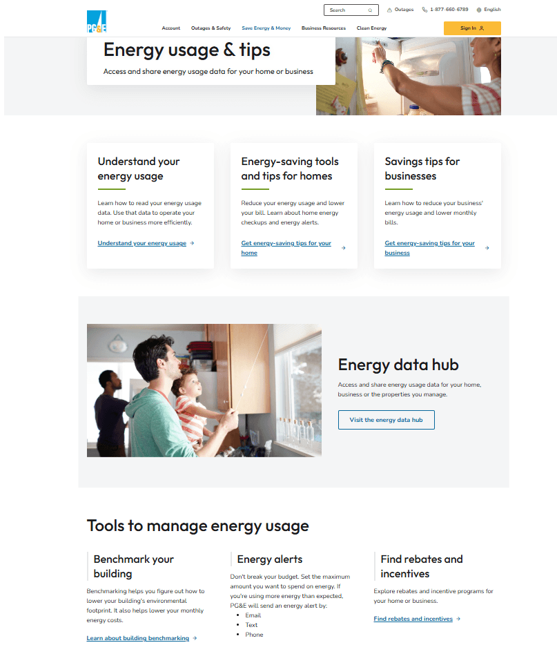 PG&E website showing energy usage dashboard, savings tips, and tools for managing home and business energy consumption