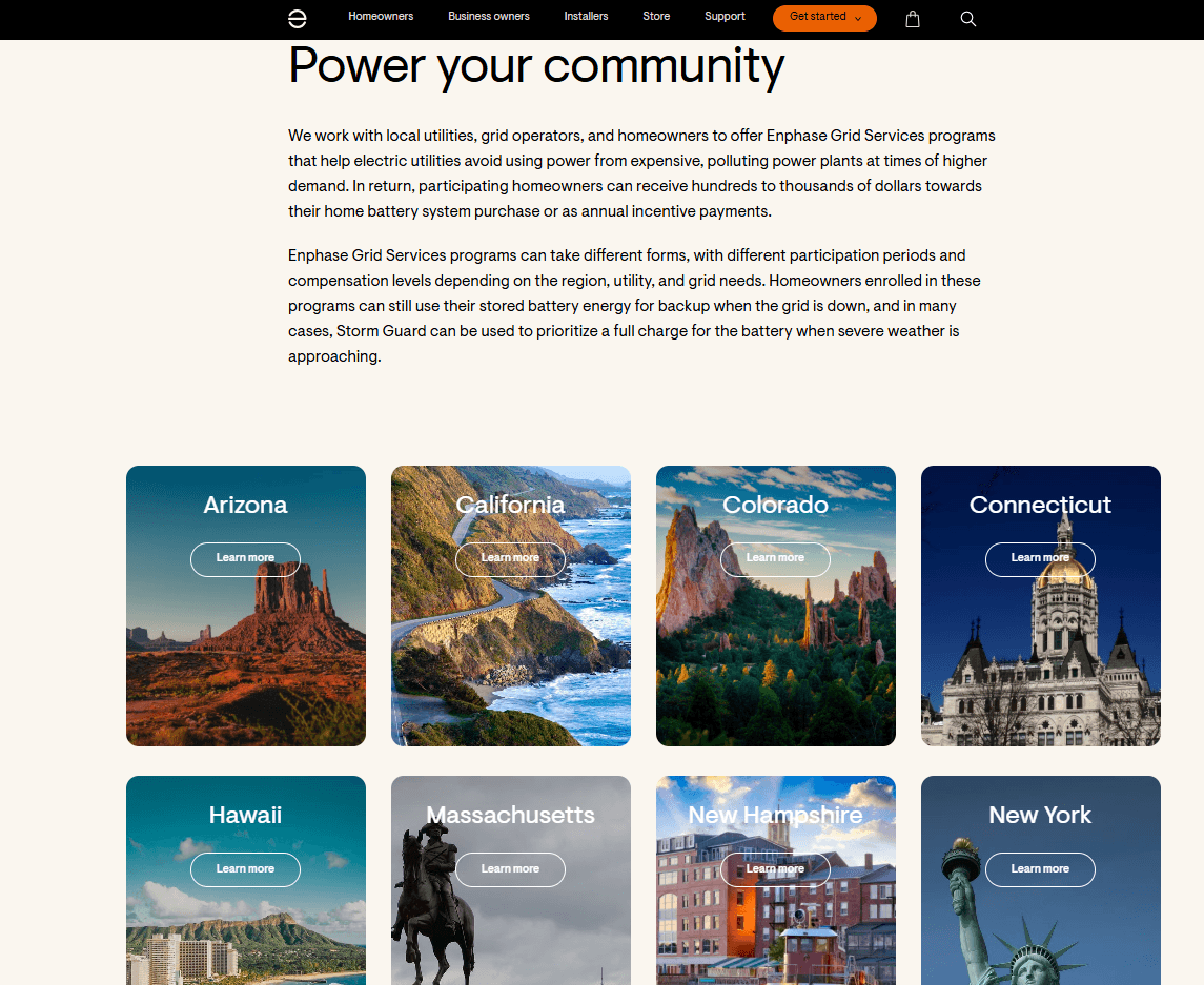 Energy company website with location-based pages for different states including California, New York, and Colorado.