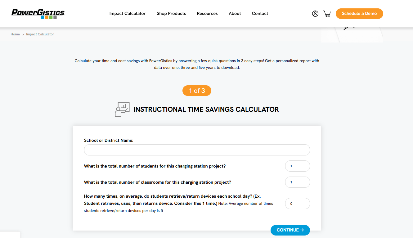 PowerGistics interactive calculator for estimating time and cost savings based on user inputs