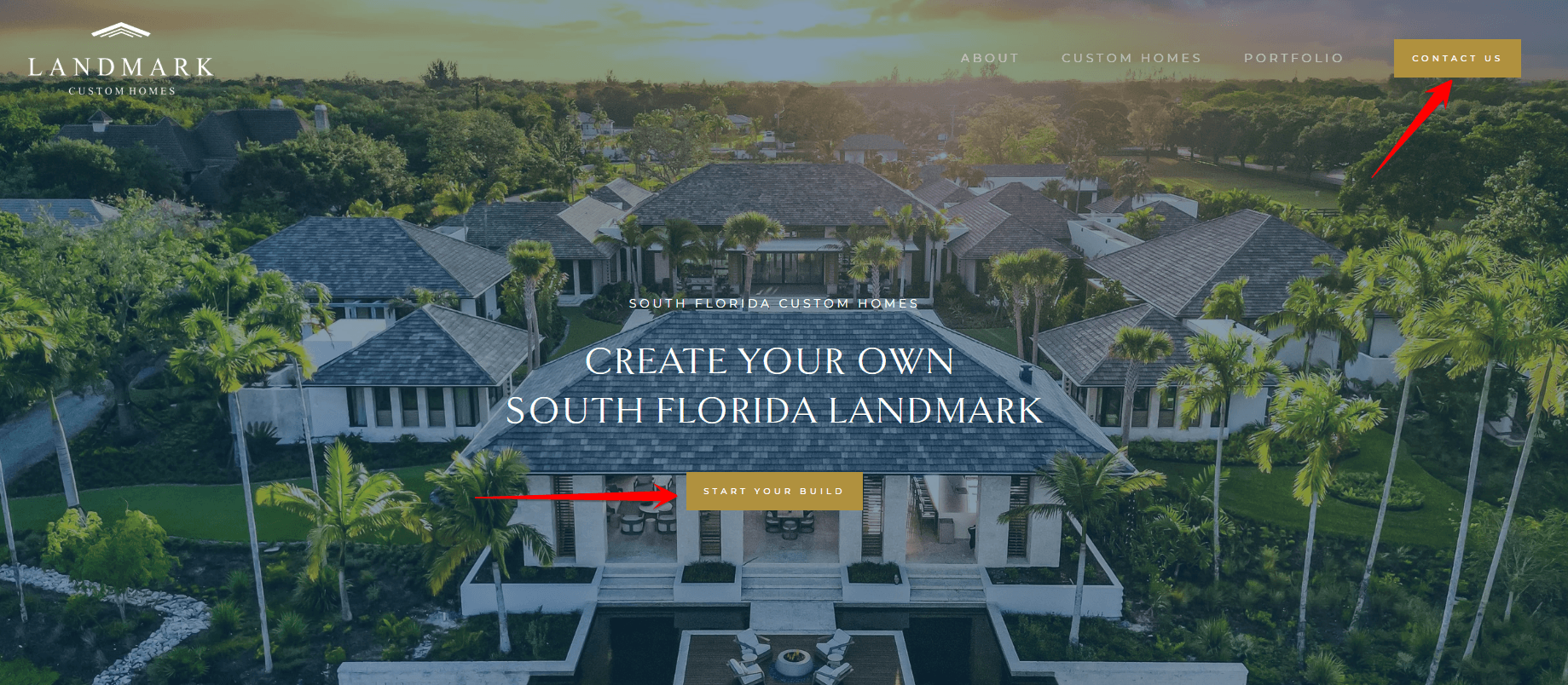 Custom home builder website homepage with clear call-to-action buttons for starting a build and contacting the builder