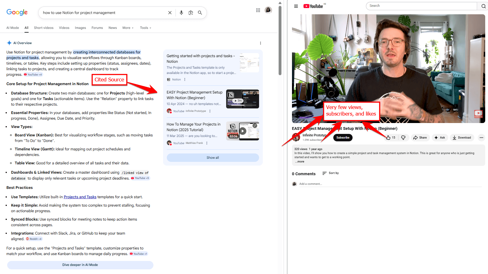 YouTube tutorial with relatively low views and subscribers still cited by AI search results, demonstrating that structured content and clarity matter more than popularity signals.