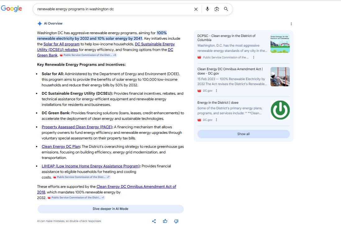 Search results with AI Overview summarizing clean energy programs and eligibility details for Washington DC residents