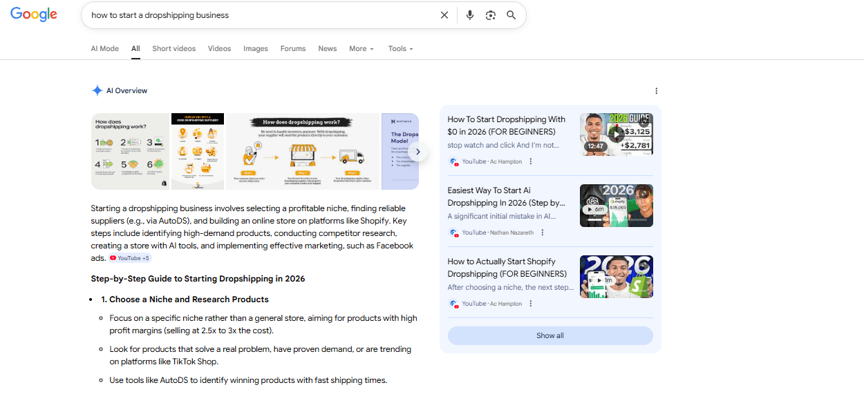 Google AI Overview for &ldquo;how to start a dropshipping business&rdquo; citing multiple YouTube videos as sources, illustrating how AI search engines frequently reference video content.