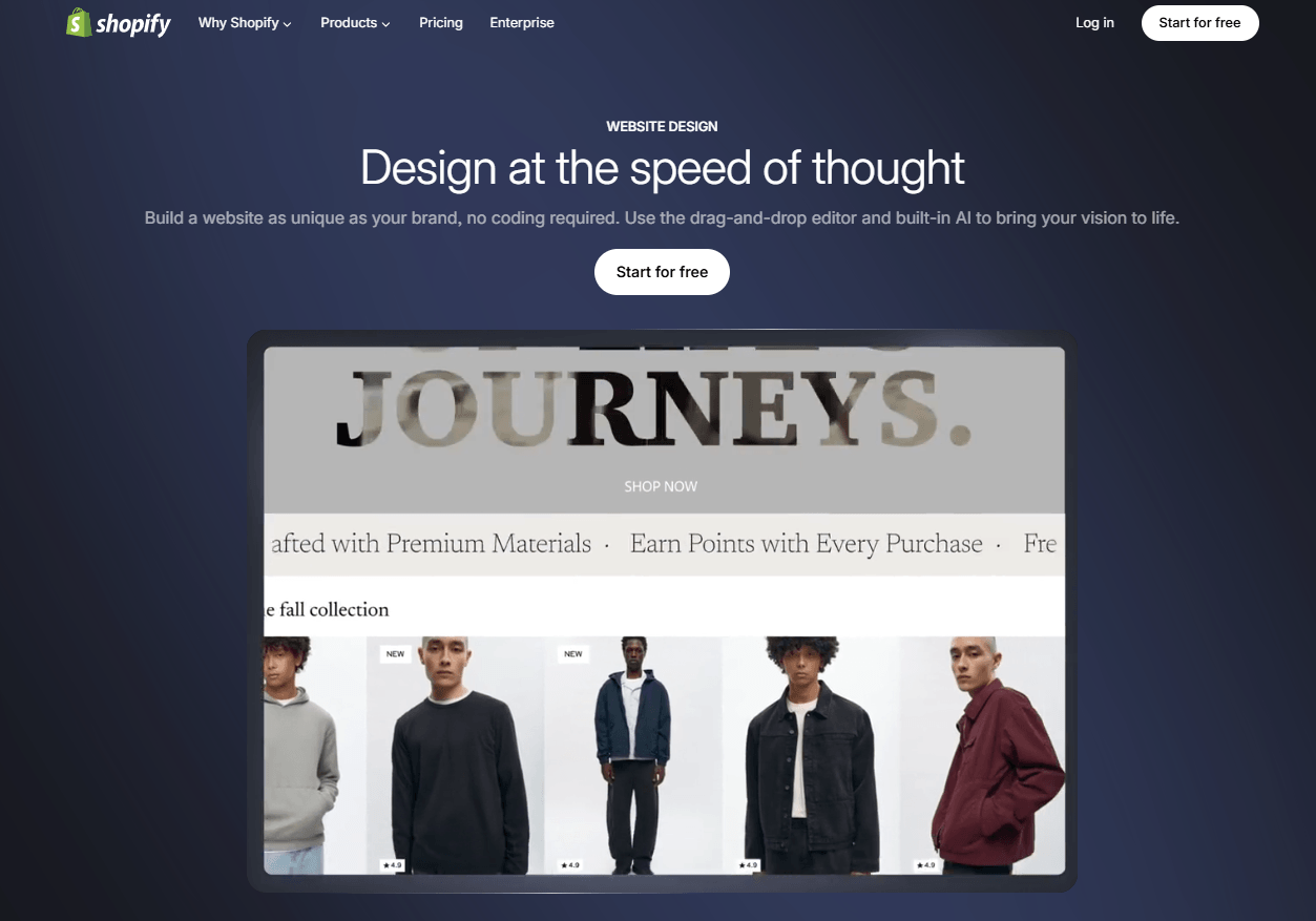 Shopify website design dashboard showing drag-and-drop editor and built-in AI.