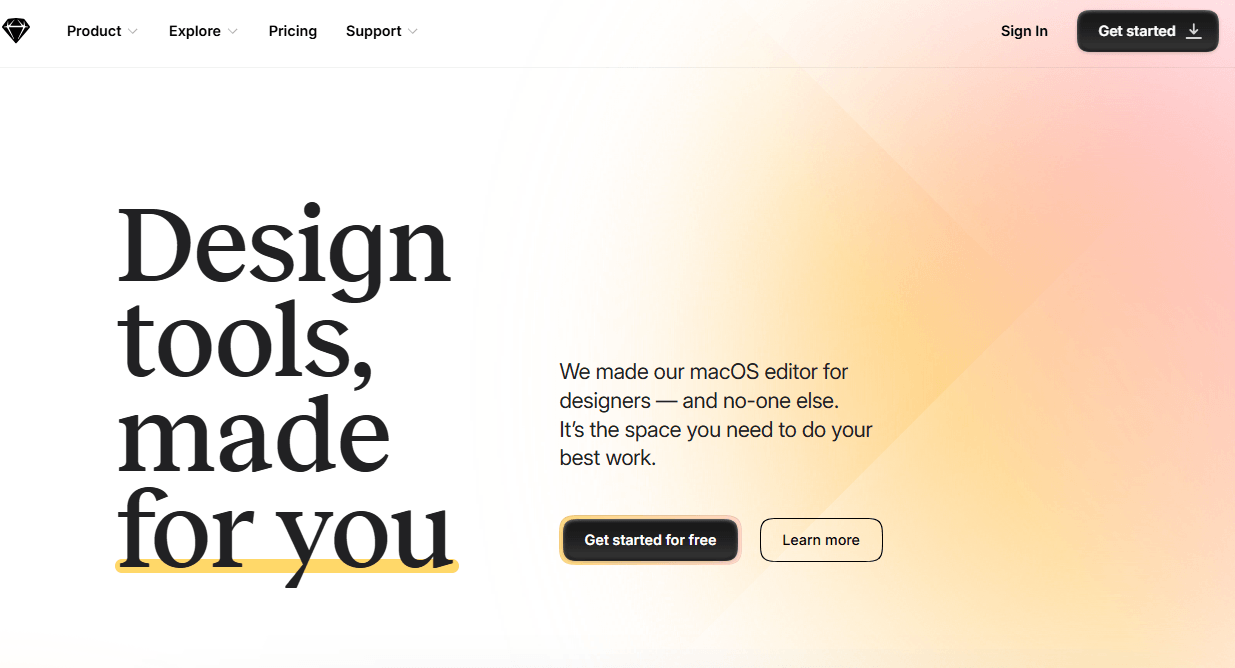 Sketch website showing macOS interface design tools for creating UI layouts and prototypes.