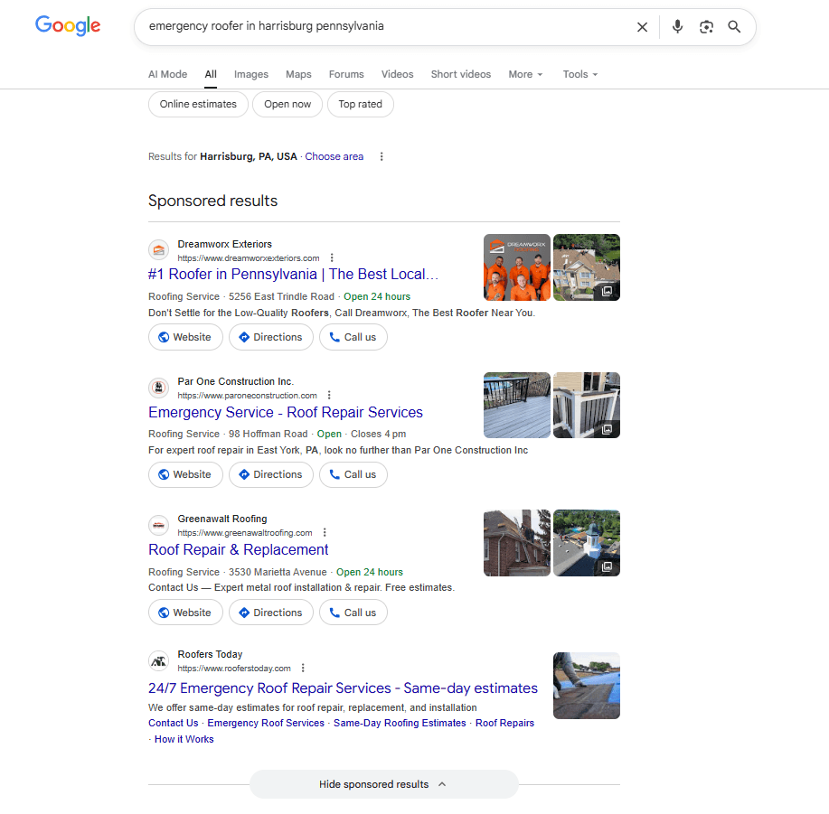 Google search results for emergency roofer showing sponsored ads with call and location extensions