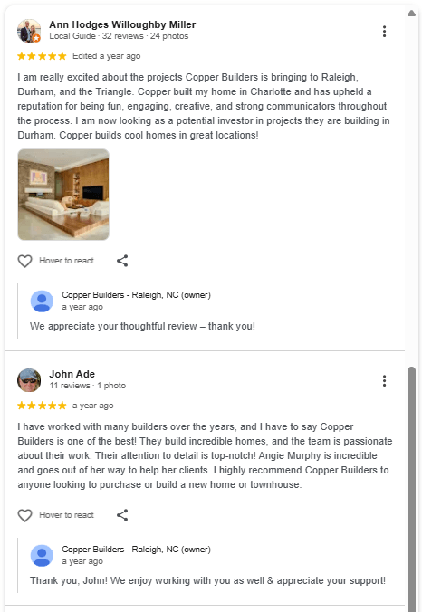 Google review profile for a home builder showing detailed homeowner feedback and business responses