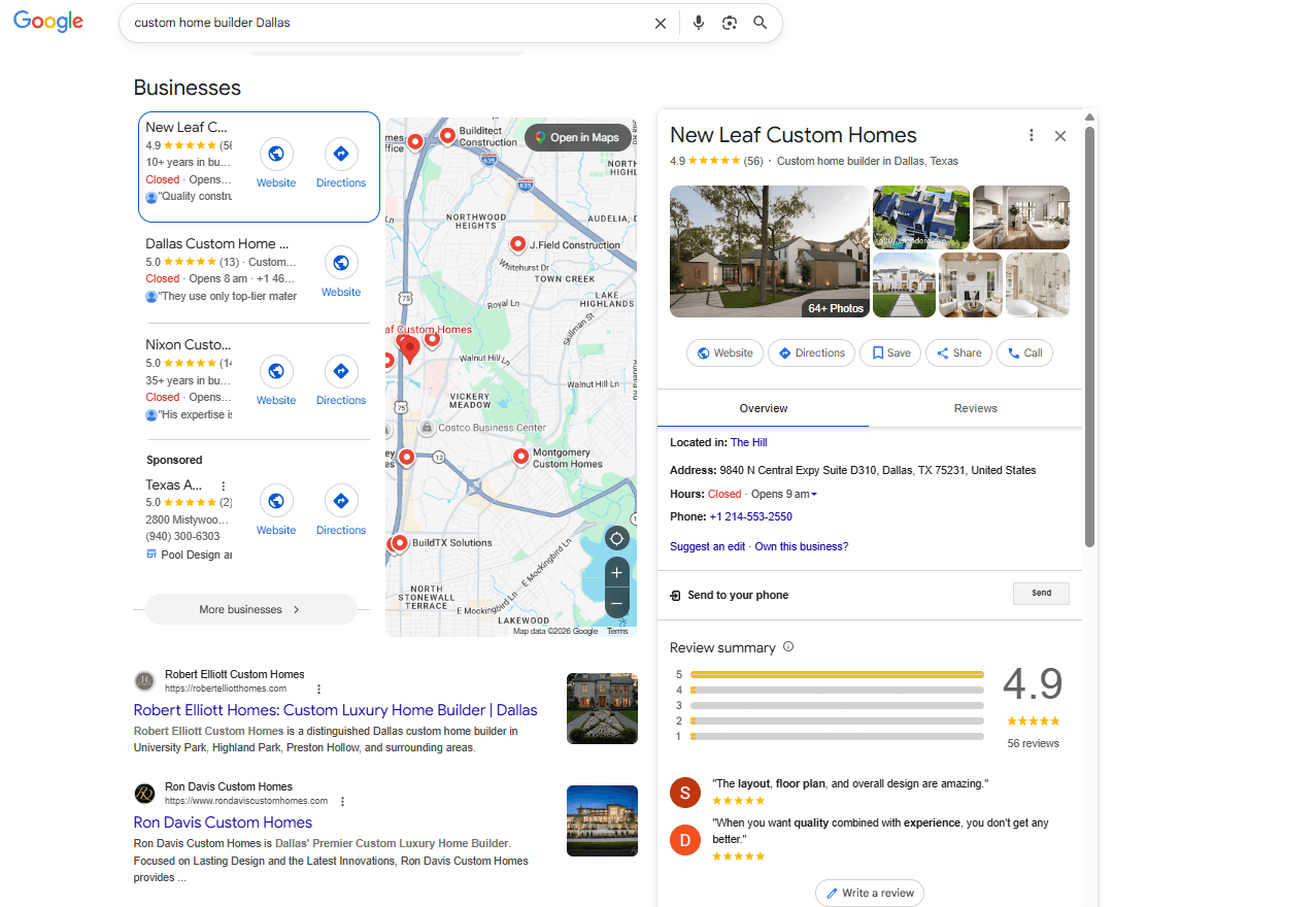 Google Business Profile listing for a custom home builder with reviews, photos, and map pack visibility