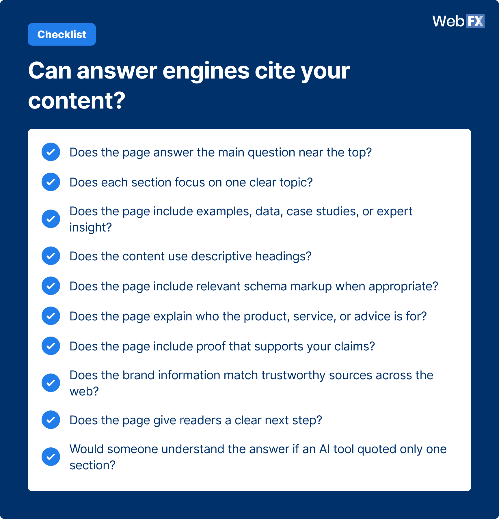 Use this checklist to review whether your content gives answer engines a clear, trustworthy reason to cite or reference your page.
