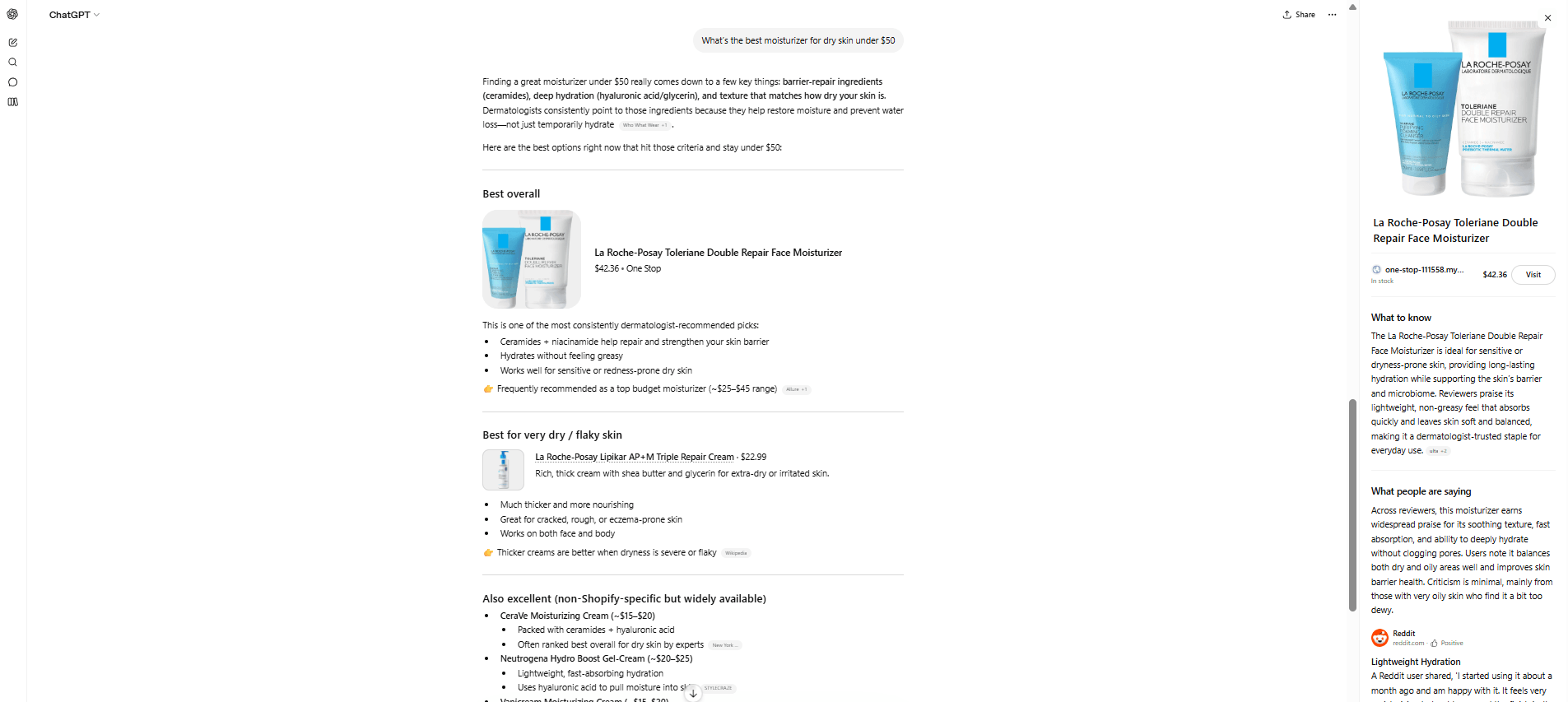 ChatGPT-generated skincare recommendations highlighting top moisturizers for dry skin under $50.