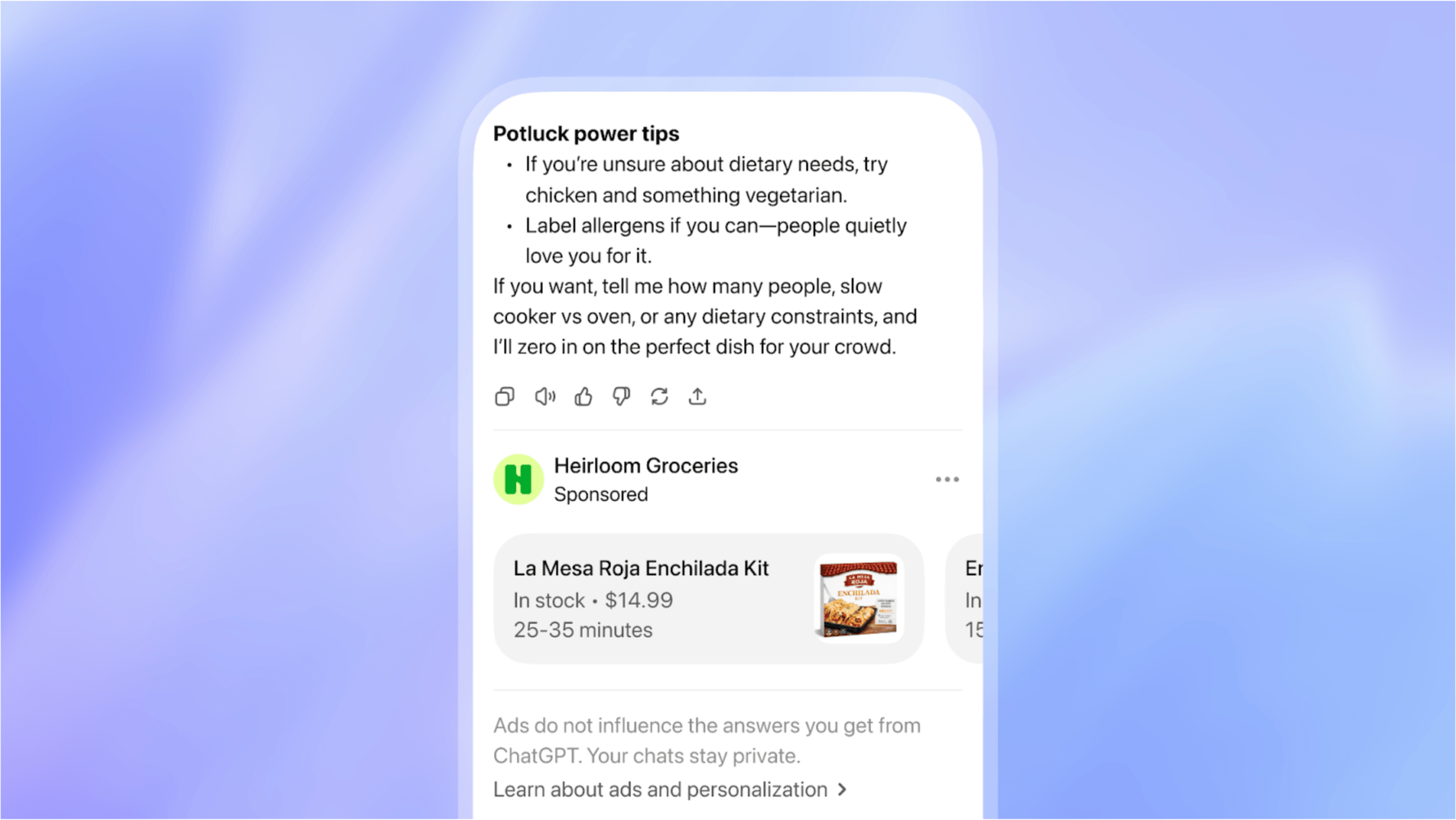 A ChatGPT ad appears as a clearly labeled sponsored card below the AI's organic answer. Source: OpenAI.