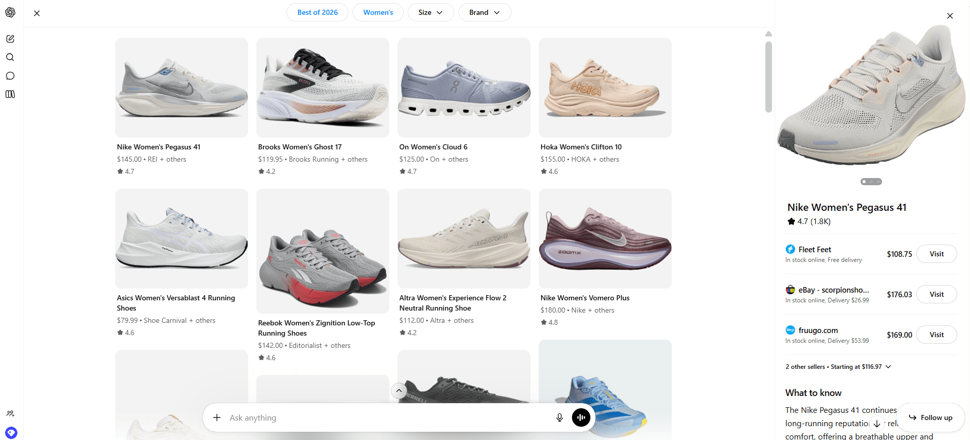 Nike Pegasus 41 highlighted in an AI-assisted shopping interface for women&rsquo;s athletic footwear.