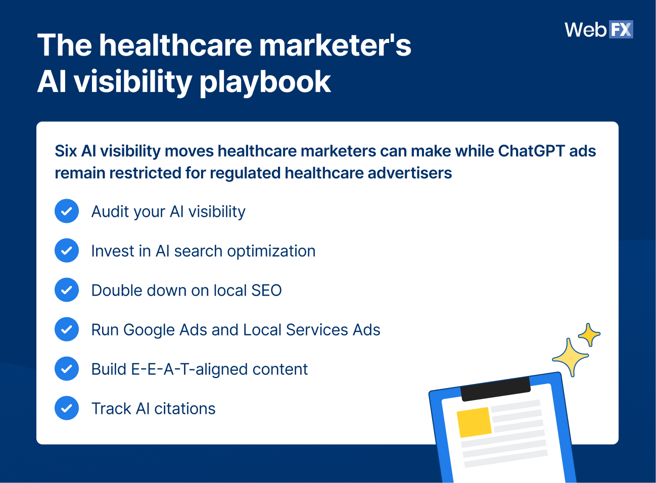 Six AI visibility moves healthcare marketers can make while ChatGPT ads remain restricted for regulated healthcare advertisers.