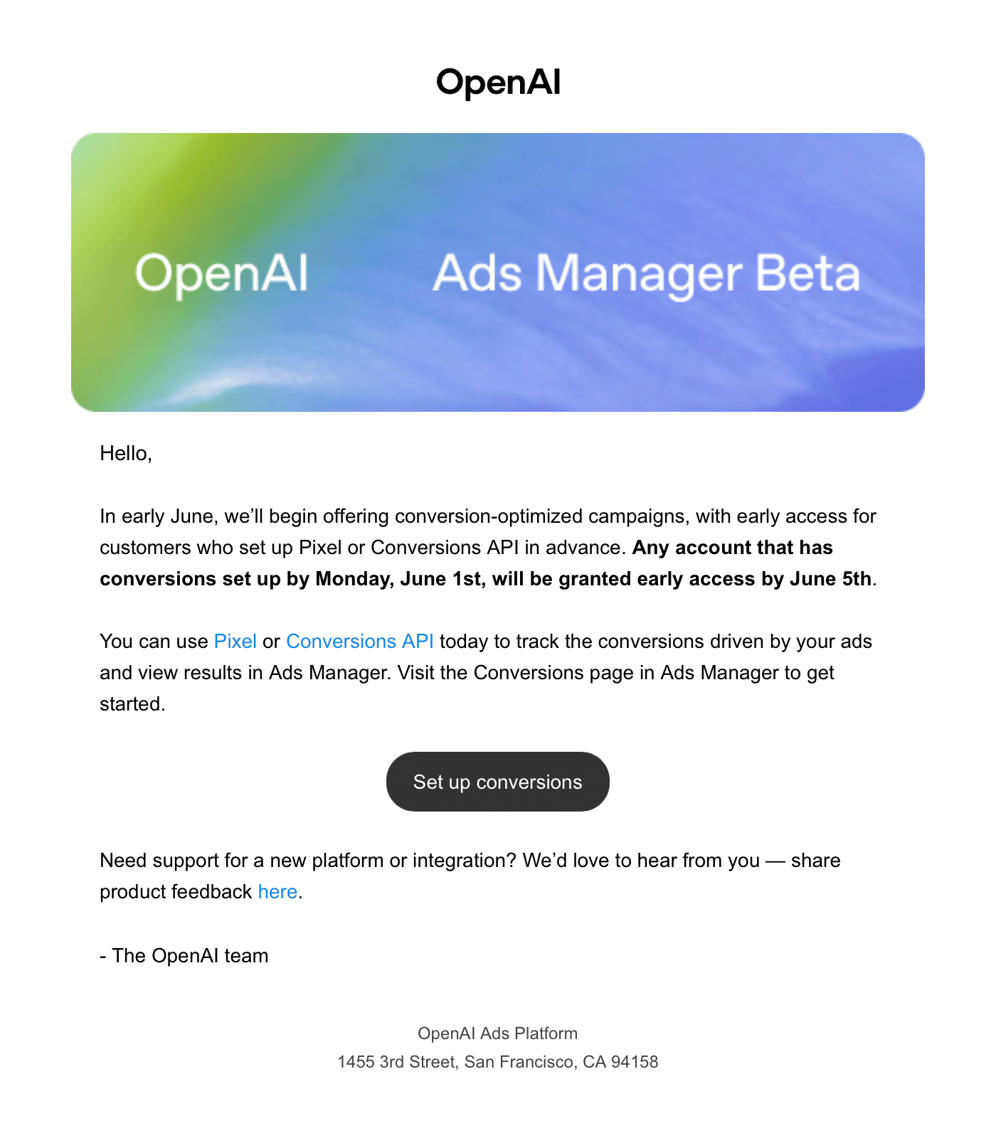 OpenAI's Ads Manager Beta email detailing conversion-optimized campaign access, shared by Search Engine Roundtable.