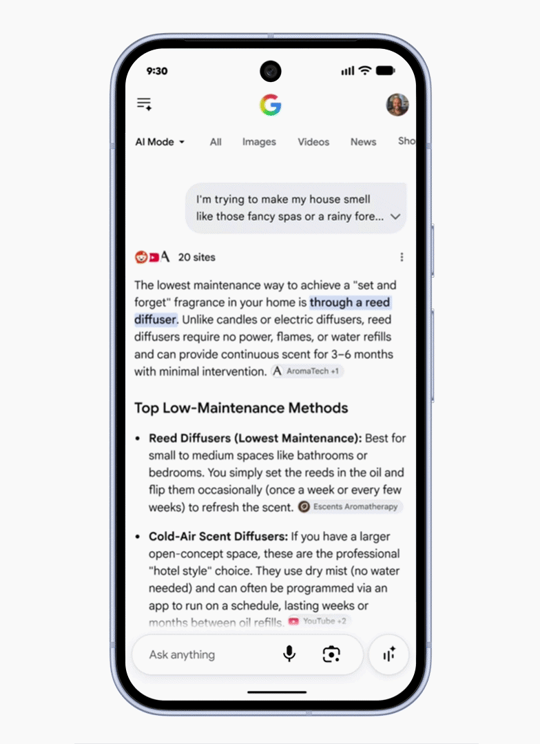 A Conversational Discovery ad answering a home-fragrance query in Google AI Mode, shown by Google at Google Marketing Live 2026.