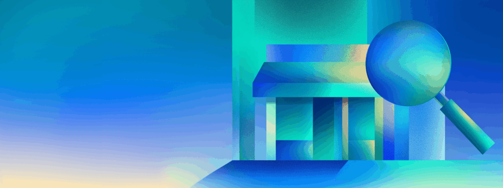 Abstract illustration of a small business storefront with a large magnifying glass representing local SEO