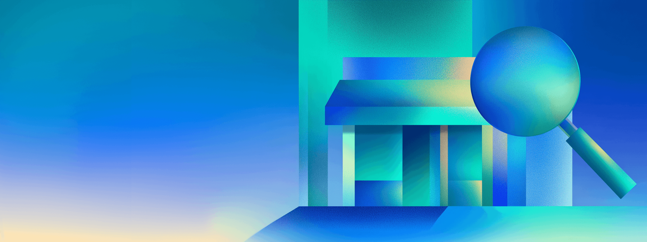Abstract illustration of a small business storefront with a large magnifying glass representing local SEO