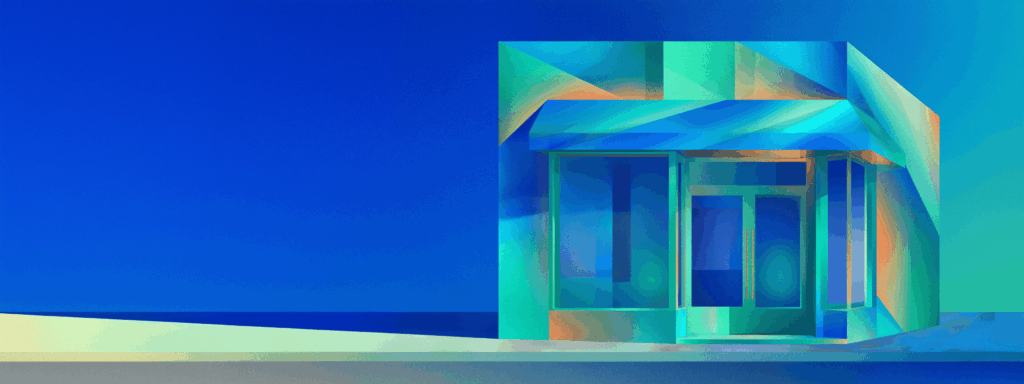 Abstract geometric illustration of a local business storefront in blue and teal tones